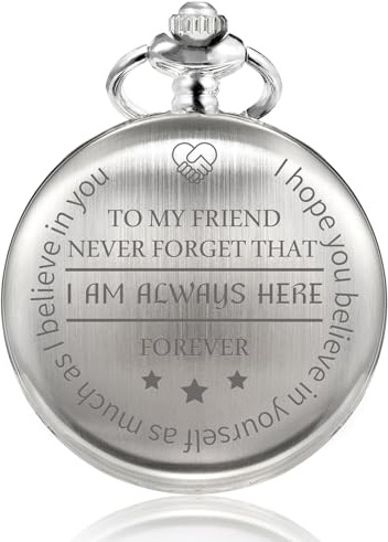TREEWETO to My Friend Engraved Black Pocket Watch with Chain Gift Box for Best Friend Men Women Birthday Wedding Graduation Christmas Silver