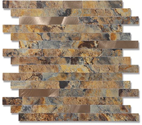Yipscazo 10 fogli Peel and Stick Stone Metal Tile Backsplash, stick on Tiles for Backsplash Kitchen, Bathroom In Pietra Marrone