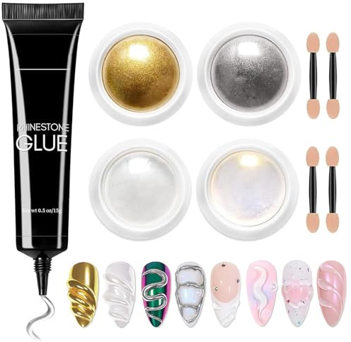 DMQ Chrome Nail Powder Set, 4Pcs Metallic Mirror Pearl Nail Pigment Powders with No Wipe 3D Sculpture Gel, Iridescent Rose Gold Nail Chrome Powder & Embossing 3D Nail Gel for Nail Designs DIY