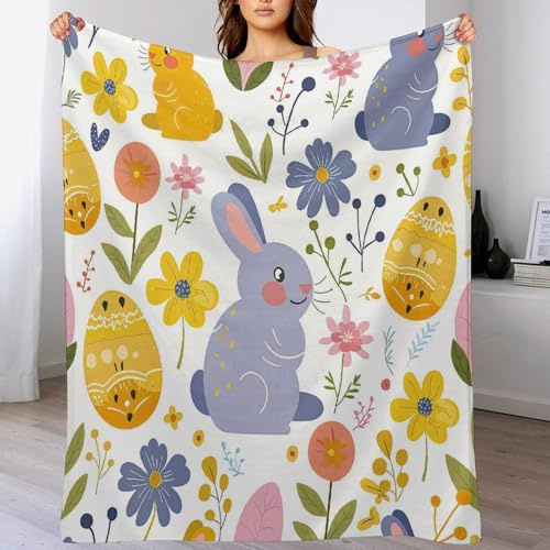 ArogGeld 50x60in Rabbit Easter Eggs Wildflowers Soft Luxury Flannel Blanket Watercolor Bunny Colorful Floral Flannel Fleece Blankets Cosy Soft Warm Sofa Throw Birthday Gift to Grandparents