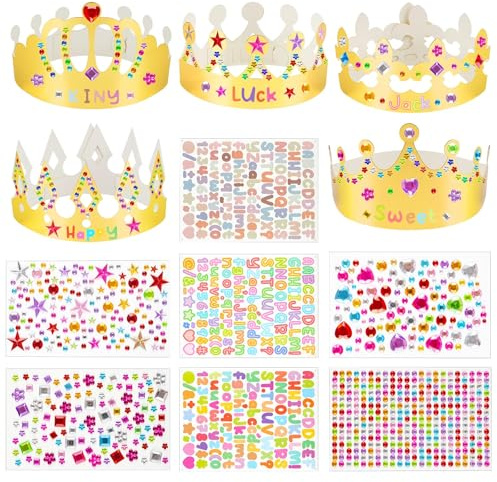 15 Pezzi Corone di Carta Dorate per Feste,Set DIY Compleanno Bambina/Bambino,Corone Regolabili,Cappellini Festa Compleanno Bambini con Gemme Adesive e Adesivi Alfanumerici,per Party Attività Creative