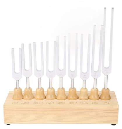 Generic Stämgafflar Set Stämgafflar Stämgaffel Hammer Set 9 Solfeggio för DNA-läkning Chakra Ljudterapi 396Hz 528Hz 741Hz 852Hz 963Hz med Silikonhammare Trästativ
