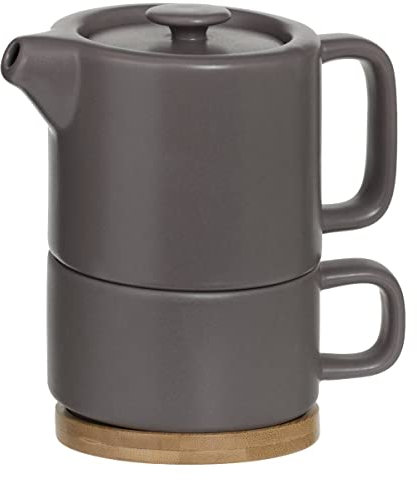 Teiera in ceramica tortora con tazza integrata e base in bambù - Secret de Gourmet