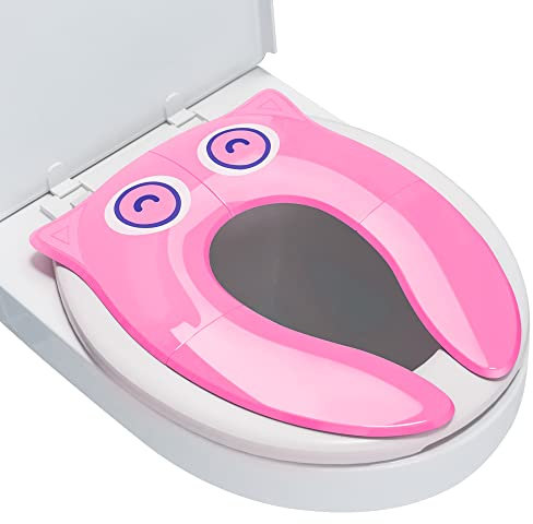 Maliton Potty Training Toilet Seat for Baby Girls,Foldable Travel Toilet Seat Toddler with Travel Bag,Non-Slip Kids Toilet Seat with Splash Guard, Fits Round & Oval Toilets (Pink Owl)