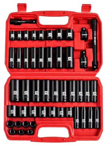 LLNDEI 3/8-Inch Impact Socket Set SAE and Metric (5/16- 3/4, 8-22mm) 48pcs, CR-V Steel, 6 Point Sockets, Extension Bar (3-in, 6-in), 1/2 F to 3/8 M Reducer, 3/8 Universal Joint