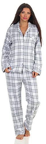 Damen Langarm Flanell Pyjama Schlafanzug kariert - 202 201 15 602, Farbe:Karo blau, Größe:56-58