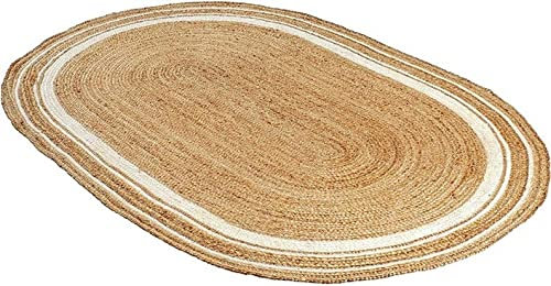 Ripaz Vogue Juteteppich, natürliche Jute, handgeflochten, ovale Form, Teppich, Flurteppich, Wohnzimmerteppich (90 x 180 cm, Beige + weiße Linie)