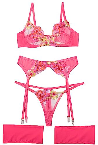 Aranmei Lingerie Set for Women 4 Piece Lingerie Set with Floral Embroidered Lace Sheer Underwire Bra with G-String Thigh Bands with Garter Belt Lingerie Set, Fluorescent Pink, S
