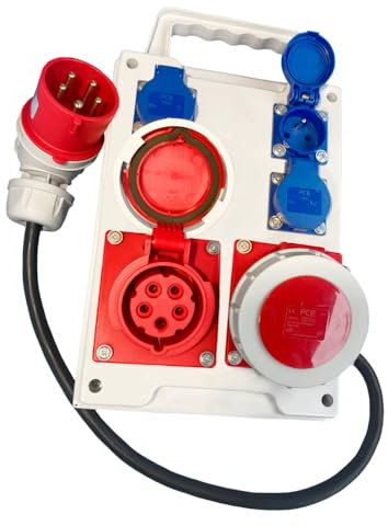 Hilark Distributeur de Courant Coffret de chantier avec 6 prises à clapet et de câble (2 prises 32A IP67, 4 prises 16A 230V, câble de 10 mètre)