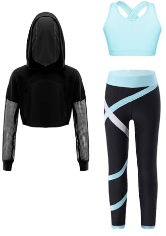 Freebily Flicka Konstnärlig Träningsoverall 3 delar Hoodie Sweatshirt + Sportbh Crop Top + Sportleggings Kostym Sport Träning Modern Dans, Ljusblå, 9-10 anni