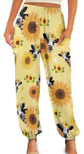 UNICEU Sunflower Farm Cow Casual Baggy Loose Harem Pants for Women Kung Fu Pants Tai Chi Pants Sports Loose Yoga Sweatpants
