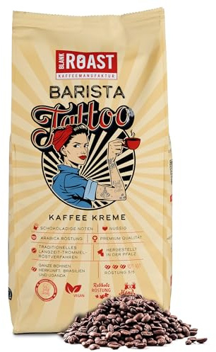 BLANK ROAST - Barista Tattoo Kaffee Kreme - 1000g - im Langzeit Trommel-Röstverfahren geröstet - Mit Bohnen aus Brasilien & Uganda - Premium Arabica - kräftig, schokoladig & nussig - säurearm