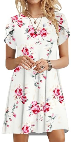 PLOKNRD Abito Estivo Donna Petal Sleeve T-Shirt Dress Scollo Rotondo Motivo Floreale Abito Casual Leggero e Arioso con Tasche (Bianco Rosa, XL