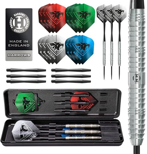 Harrows Sabre Dartpfeil-Set mit 90% Wolframstahlspitze, 21 g bis 26 g, alle Gewichte erhältlich, riesiges 16-teiliges Bündel mit Ersatzschäften, Prime Flights und Reiseetui (24 Grams)
