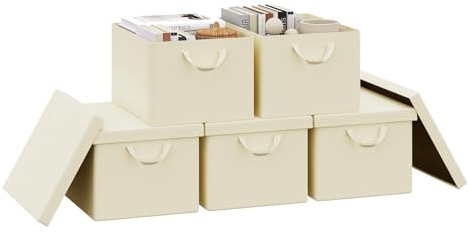WOLTU Scatola Portaoggetti Pieghevole, Set di 5 Ceste in Tessuto, Cubo Portaoggetti con Coperchio e Maniglie, per Vestiti, Libri e Giocattoli, Crema, 43x26x33 cm
