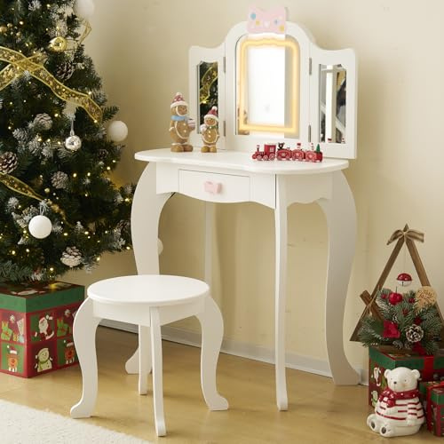LALAHO Coiffeuse pour Enfants avec Miroir à Trois Volets, Tabouret et Lampe LED Tactile à 3 Couleurs (Blanc)