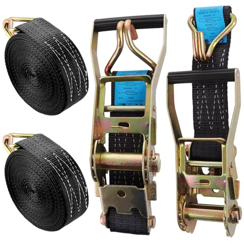 ASelected 2 juegos 3T - 10 m × 50 mm ​​​​Correa tensora con gancho y trinquete, correas tensoras de 10 m negro con gancho de poliéster, correas tensoras con trinquete para remolque, moto, coche