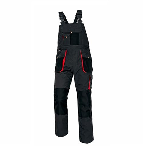 Agritrade AK Work Bib & Brace - Classic Workwear - Multipockets, Regulation of the Waist Size, Men's Trousers, Wide Braces, Solid Buckles, Reinforced, Grey - Red