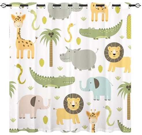 YUANZU Rideaux Safari Enfants - Motif Jungle Animaux Sauvages (Lion Hippo Éléphant) avec Œillets Opaques Isolants Thermiques pour Chambre Garçons/Filles - 2 Panneaux L60 x H120cm