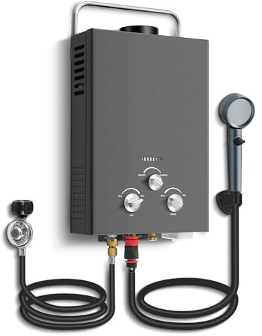 Outdoor Tankless Propane Water Heater 1.58GPM 6L Portable Gas Water Heater with Handle & Overheating Protection, Instant Hot Water for Camping RV Cabin Boat Barn - Black