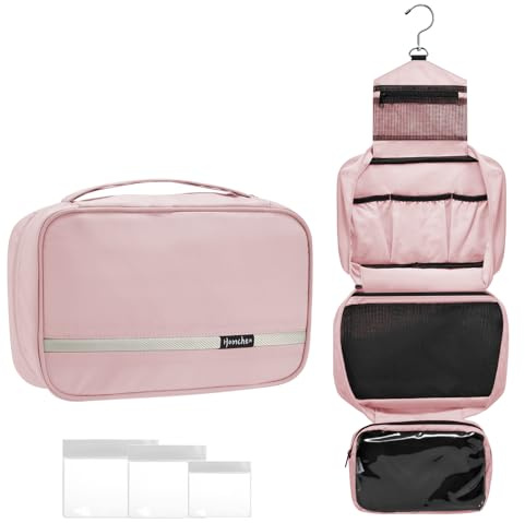Homchen Beauty Case da Viaggio, da Appendere, per Uomini e Donne, Borsa per Trucco di Grande Capacità, con 4 Scomparti, Pieghevole e Compatta, Rosa, M