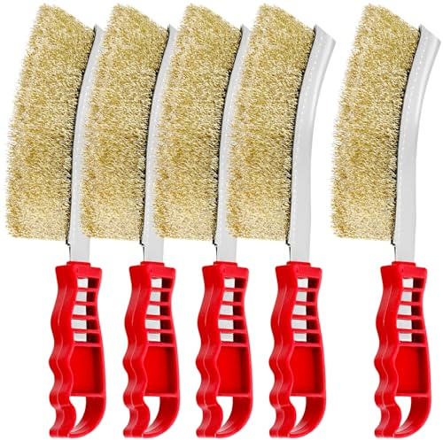 QWORK® 5 Pezzi spazzole filo di ottone, spazzole per griglia con manico lungo, per rimuovere ruggine e vernice