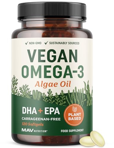 Vegan Omega 3 Algae Oil | Plant Based DHA EPA | Sustainably Sourced, No Carrageenan, Non GMO | Heart, Brain & Eye Health Support | Fish Oil Alternative | Algae Omega 3 Supplement | 120 Softgels
