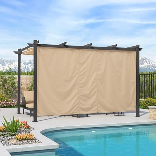 PURPLE LEAF Pergola Aluminium 4 x 3 m avec Rideau et Toit de Protection, Toile Coulissante Rétractable, Pergola Jardin Extérieur Imperméable, Barbecue Pavillon de Jardin, Kaki