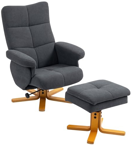 HOMCOM Linen Swivel Recliner Chair with Footstool, Wooden Base and Storage for Living Room, Grey