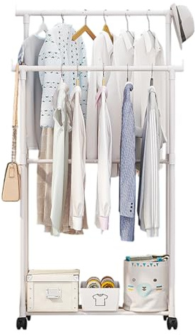 Vgvgaj Perchero en 4 ruedas 130 x 60 cm doble barra de acero al carbono PP Soporte de almacenamiento para zapatos sombreros multifuncional para sala de estar dormitorio habitación infantil