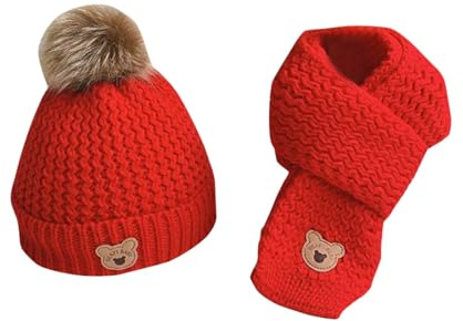 Generisch Invierno cálido algodón interior sombrero bufanda conjunto 3 a 12 años de edad niños niñas bebé gorro de lana dos conjuntos, rojo, Talla única