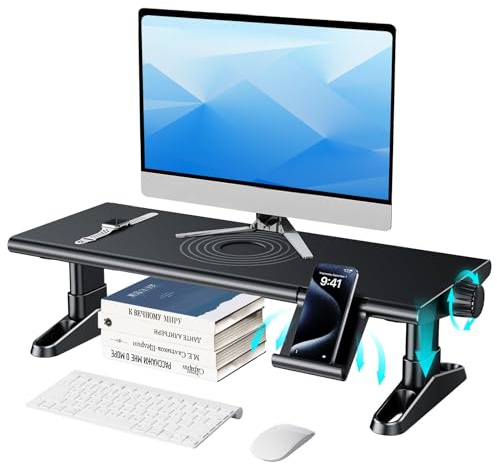 NIFBANG Monitorställ, höjdjusterbar skrivbordshöjning för bildskärm med hållare för mobiltelefon Ergonomisk bildskärmsställ för dator, bärbara datorer, PC, TV (Svart)