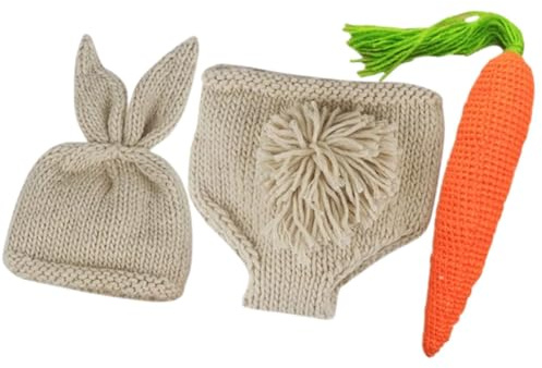 CORHAD Conjunto de Ropa de Ñiño Recién Nacido de Hilo de Lana, Transpirable y Suave para Sesiones de Fotos Gorro y Pantalones de Conejito y Accesorio de Zanahoria de Ganchillo