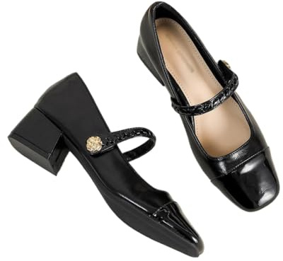 GFZMF Dam fyrkantig tå Mary Jane-pumps med tjock häl, PU-läder dra-på loafers för daglig vardag, svartbrun