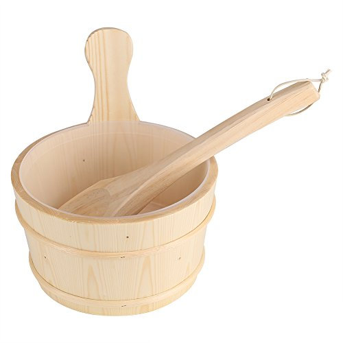 Fdit Ensemble Seau et Louche en Bois de Sauna avec revêtement en Plastique Accessoire de Sauna en Forme de pin Blanc Surface Lisse pour Sauna Spa 6L