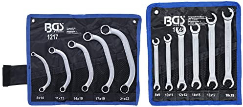 BGS 1217 | Juego de llaves de estrella planas en media luna | 8x10 21x22 mm | 5 piezas + 1745 | Juego de llaves de estrella dobles abiertas | 8 x 9 18 x 19 mm | 6 piezas