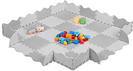Relaxdays Puzzlematte 36-teilig, EVA Schaumstoff, schadstofffrei, 1,4 m², Spielmatte mit Rand, Kinder Matte, grau/weiß, 1 x 31.5 x 31.5 cm