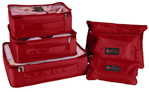 Vinsani Reseorganisatör packväskor set med 6 packkuber semester resor väsentligheter resväska bagage förvaringsväskor multianvändning kläder toalettartiklar handbagage kompressionspåsar – vinröd