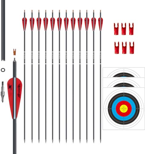 31inch Carbon Arrow Archery Targeting Practice Hunting Arrows for Compound & Recurve Bow with Removable Tips(Pack of 12) (Red White)