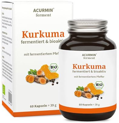 Acurmin Ferment – Fermentierte Bio-Kurkuma-Kapseln – 1.100 mg Kurkuma-Pulver – mit höchst verträglichem fermentiertem Pfeffer – 60 Kapseln