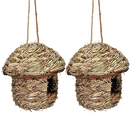 Uposao 2 Pcs Bird House for Garden or Outdoor, Hanging Bird Nesting Boxes, Straw Bird Nest House Natural Grass Hanging Bird House for Nesting, Wren Finch Bird House for Patio Lawn Home