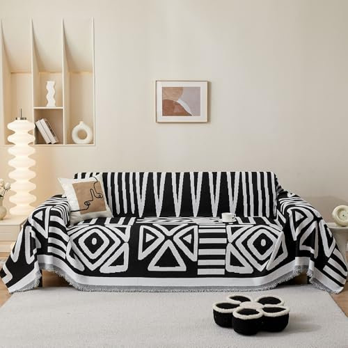 SHANNA Boho Sofa Cover for 2 3 4 Seater, Chenille AB Sided Slipcover for Corner Sofa, All-Season Protection Couch Cover for Dogs, Couch Protector Loveseat Futon Cover L Shaped Sofa Cover with Tassel