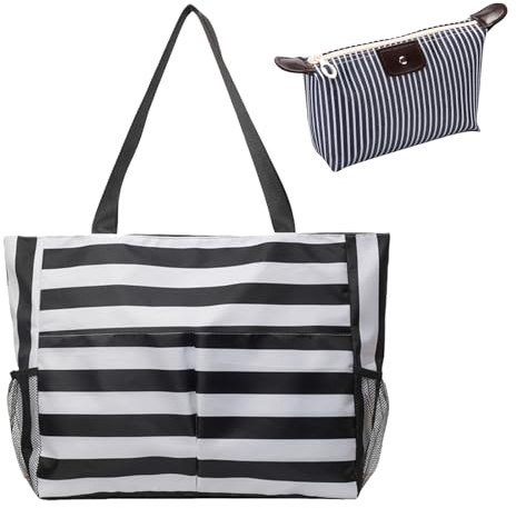 JSTHHTT Bolsa Playa Mujer de Tela, Bolso de Playa Impermeable con Cremallera Bolso Playa Grande Familiar y Ligero Bolsa de Mano con Múltiples Bolsillos Tote para Playa, Bolsas de Playa Grandes
