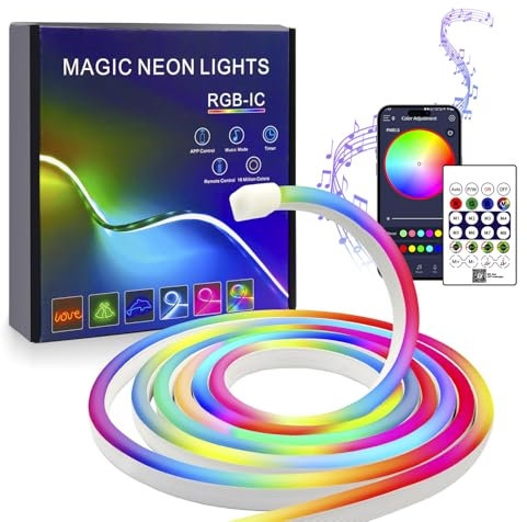 FWoche Led Neon Rope Lights 5M, RGB IC Light Strip with Bluetooth app and IR Remote Control LED Strip IP67 Waterproof USB, Music sync, Flexible Silicone Light Band, for Living Room, Bedroom, Wall