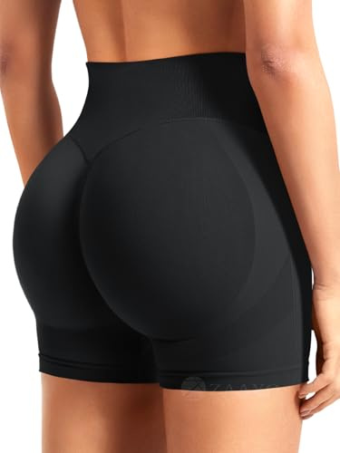 ZAAYO, pantaloncini da donna per il workout, 9.1 cm Scrunch, pantaloncini senza cuciture, a vita alta, per sollevamento del sedere, per palestra, yoga, stile biker, Nero , M