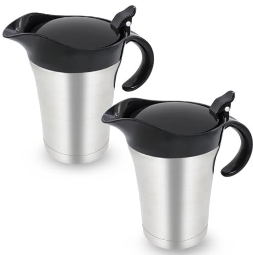 Yivioep 2 Piece Double Insulated Gravy Boat, Stainless Steel Gravy Pitcher with Hinged Lid, Large Capacity Gravy Warmer for Coffee Sauces Syrups, Hot or Cold (25 oz/750 ml)
