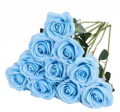 10Pcs Artificial Roses Faux Flowers Single Stem for DIY Home Wedding Decor | Sky Blue Silk Roses Fake Flowers Bouquet Realistic Roses for Home Decorations Wedding Flowers Bouquet Garden Decor