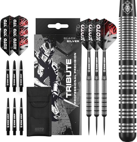 KOTO – Tribute dart 18 G, svart och silver, dart set inkl. 3 fat, flights + pinnar & dartwallet, fast ringgrepp