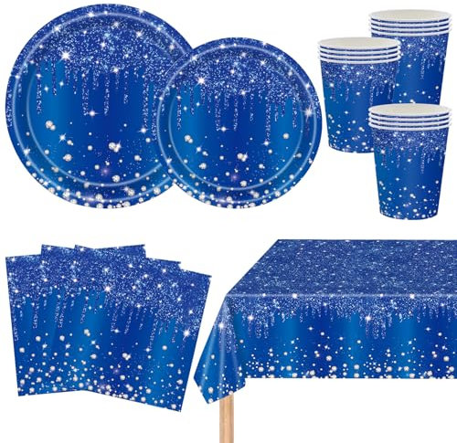 MORAINJAY 69 pezzi blu scuro set di stoviglie per feste, piatti di carta, bicchieri, tovaglioli, stoviglie di carta, compleanni, matrimoni, anniversari, feste, feste, decorazioni da tavolo