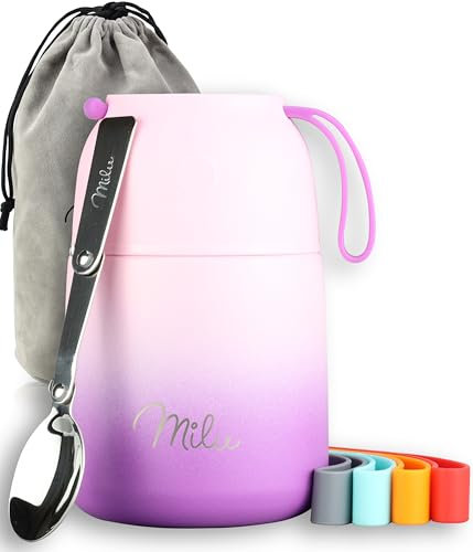 Milu® Thermo Food Flask 450ml - Stainless Steel Insulated Container - Lunchbox - Jar with Spoon for hot and Cold Food (Pink Violet, 450ml)